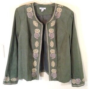 Dress Barn Cardigan Wn XL Green Blazer Open Front Faux Suede Embroidered Boho